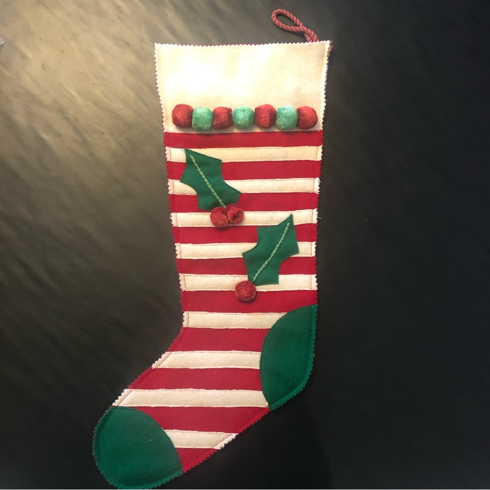 TAG Christmas Stocking Striped Felt and Pom Poms  NWT